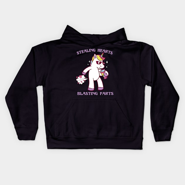 Stealing Hearts and Blasting Farts Unicorn Magic Love Kids Hoodie by deificusArt